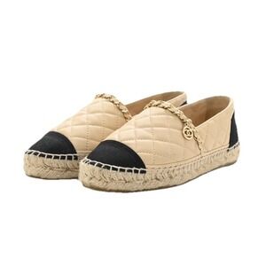 Chanel Lambskin Grosgrain Quilted CC Chain Espadrilles Shoes Beige Black 39‎